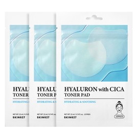 SKIN627 Hyaluron with Cica Toner Pad | Korean Facial Sheets with 6 Types of Hyaluronic Acid and Centella Asiatica | Deep Hydration and Soothing Care | 10 Pads x 3 Pack