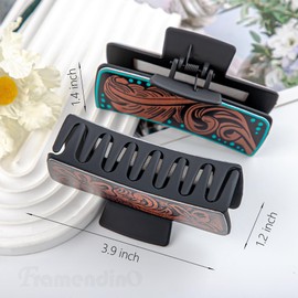 Framendino, 3 Pack Vintage Print Hair Claw Clip Western CowHair Non Slip Jaw Clips for Women Mom Nurse Teacher Friend Teen (Brown)