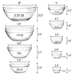 Lawei Set of 9 Glass Mixing Bowls - Glass Nesting Bowls Prep Bowl Clear Salad Bowls for Kitchen Prep Salad, Cereal, Ice Cream, Pasta, Fruits