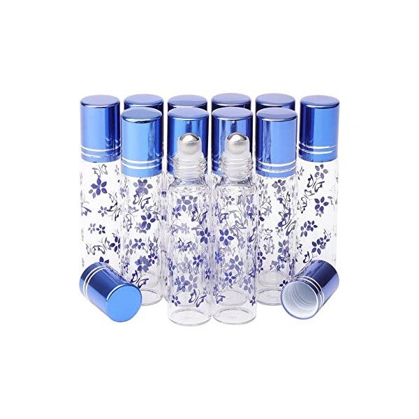 JIUWU 10ml Refillable Glass Roller Bottles, 12Pcs Blue Glass Roll on Bottles Empty Essential Oil Perfume Glass Sample Vials, Funnel Dropper Opener include