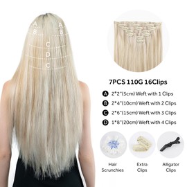 SOBEAUTY Clip in Hair Extensions, 100% Real Human Hair Remy Natural Volume Hair Extensions, Full Head Invisible PU-Tape Weft Seamless Hair Extension 110g 7 Pcs (Platinum Blonde P18A/613A 14 inch)