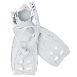 Blue Reef Sentinel Snorkel Mask Set Small/Medium, White, Snorkeling Gear for Adults Set Includes Sentinel Mask w/Twin Tempered Glass, Cortes Dry Snorkel, Bay Fins and Mesh Bag