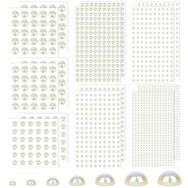 7 Sizes Self Adhesive White AB Hair Pearl Stickers, Caffox 2032 Pieces Stick on Pearls Gems for Hair, Face, Makeup, Eye, Crafts, Wedding