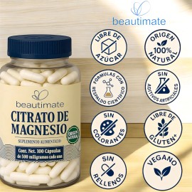 Citrato Magnesio 500mg 100 Cápsulas Alta Absorción Vegano Natural Beautimate