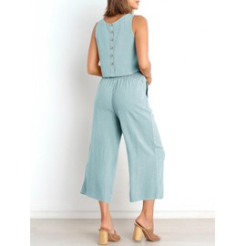 ANRABESS Women's Summer 2 Piece Outfits Sleeveless Crop Top Capri Wide Leg Pants Jumpsuit Casual Linen Lounge Matching Sets Beach Travel 2024 Trendy Clothes Blue Medium