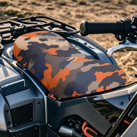 Camo Orange ATV Seat Cover Waterproof Quad Bike Seat Cover, Polyester Dustproof 4 Wheeler Cushion Protector, Easy to Install