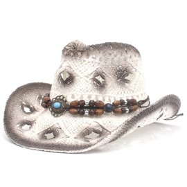 Adult Men Women Summer Casual Beach Hat, Bead Decor Top Hollow Out Straw Cowgirl Cowboy Hat for Vacation (01White Coffee, ONE Size)