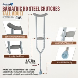 Dynarex Bariatric HD Steel Tall Adult Crutches - 5'10” to 6'6” - Extra Heavy Duty Bariatric Crutches with Underarm Pads, Adjustable Hand Grips - 1000 lb. Capacity, 1 Pair