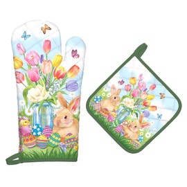 Arquiel Oven Glove and Pot Holder Easter Rabbit Set of 2, 100% Cotton Cooking Gloves, Heat Resistant Kitchen Glove for Cooking, Baking, Barbecuing, Gift