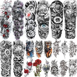 20 Sheets Large Full Arm Temporary Tattoos For Women Girls Thigh, Rose Flower Tribal Eye Compass Clock Fake Tattoo Sleeve For Adults, Long Lasting Peony Florals Peace Dove Black Tattoo Stickers