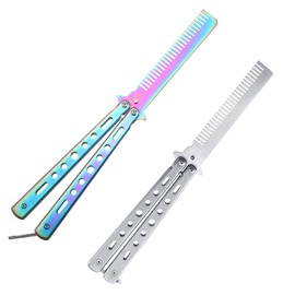 Pack of 2 Butterfly Comb Stainless Steel Foldable Pocket Comb Spring for Hair Barber Comb Hair Styling Accessories (Purple + Silver)