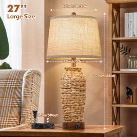 Set of 2 Rattan Table Lamps, 27in Tall Boho Table Lamps with 2 USB Charging Ports, Farmhouse Rustic Woven Seagrass Bedside Lamps for Living Room Bedroom Nightstand End Table, E26 Socket, Cream Shade