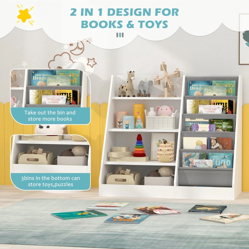 Kids Bookshelf Sling Children Bookcase White Storage Cabinet Playroom Classroom