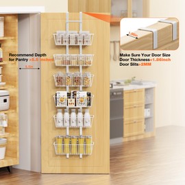 Hocookeper 6 Tier Over the Door Pantry Organizer, Over the Door Spice Rack with Adjustable Baskets, Metal Hanging Door Pantry Organizers and Storage for Kitchen Bathroom Bedroom, White
