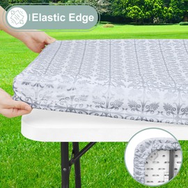 misaya Rectangle Vinyl Table Cloth, Elastic Fitted Flannel Backed Tablecloth, 100% Waterproof Plastic Table Cover Fits 6 Foot Folding Tables for Picnic, Camping, Outdoor (Silver Grey, 30" x 72")
