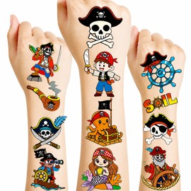 Konsait 10 Sheets Pirate Temporary Tattoos, Cartoon Skull & Treasure Chest Stickers, Waterproof Body Art for Halloween & Birthday Party Favors
