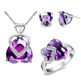 Uloveido Ladies Love Heart Rhinestone Necklace Stud Earrings and Zircon Graduation Ring Rhodium Plated Crystal Bridal Jewelry Sets (Purple, Size 9) T086