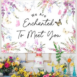 We are Enchanted to Meet You Backdrop Purple Floral Butterfly Photography Background Cloth Flower Baby Shower Decorations for Girls Baby Shower Gender Reveal Party Supplies Photo Booth Props 7 * 5ft