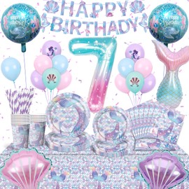 Mermaid Birthday Decoration, Mermaid Party Tableware Set 7 Years Birthday Decoration Girls Children's Birthday Decoration Baby Shower Decoration Girls for 16 Guests
