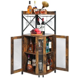 JKsmart Corner Bar Cabinet with Glass Holder,Industrial Wine Cabinet with Mesh Door,4-Tier Wine Cabinet with Open Shelf,Farmhouse Home Bar for Liquor and Wine Storage,Rustic Brown