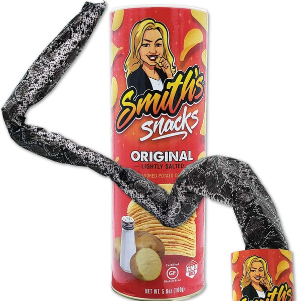Laughing Smith Snake in a Can Prank Gag - Smith's Snacks Potato Chip Can Snake Joke - Hilarious Pranks for Adults and Kids Shock Your Friends and Family with a Big Pop Up Fake Canned Snake