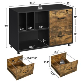 Yaheetech File Cabinets Large Rolling Filing Cabinet Printer Stand on Wheels for Home Office,with 4 Open Storage Shelves,Letter Size A4 Size,Black/Rustic Brown