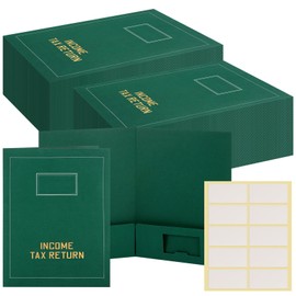 Kisston 50 Pcs Tax Return Folders Bulk 2 Pocket Gold Foil Stamped Income Tax Folders with Blank Labels Business File Office Organizer (Green)