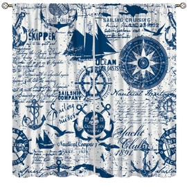 Vintage Sailboat Curtains, Caribbean Sailboat Cruise Nautical Elements Nautical Theme Style, Bedroom Living Room Rod Pocket Curtains, 2 Sets of Panels, 42x45 in. Blue and White