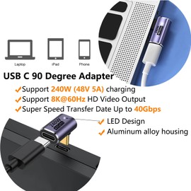 YUNKOZAND USB C 90 Degree Adapter,USB C Right Angle Adapter with 40 Gbps PD 240W 8K@60hz Video Charge,Compatible for MacBook Pro/Air,Steam Deck,Switch,VR and More Type C Devices (C-2 Pack)