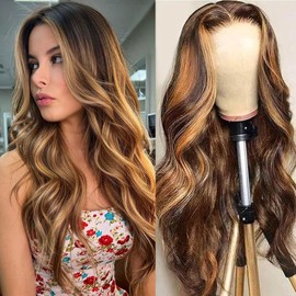 IWISH Body Wave Human Hair Wig Highlight Wig Glueless 13x4 Lace Front Wig With Natural Hairline Pre Plucked Pre Cut For Women 22 Inch Friendly To Beginners Can Be Dyed&Bleached