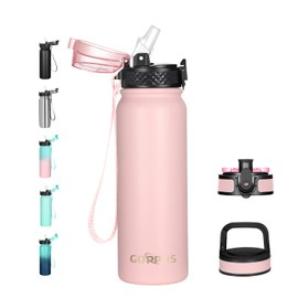 GOPPUS 600ml/20oz Stainless Steel Water Bottle with Straw Insulated Sports Bottle Cold Flask with Straw Double Walled Flip up Metal Water Bottles Thermos Leakproof Water Bottle for Gym Sports