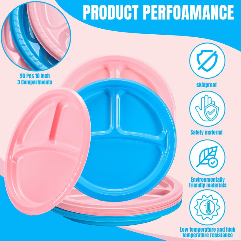 Whaline 100Pcs 10 Inch 3 Compartment Divided Plates Plastic Disposable