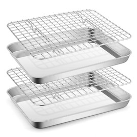 Metal Toaster Oven Tray with Rack Set, E-far 10.5”x8.3” Baking Sheet Broiling Pan with Stainless Steel Wire Grate Rack for Cooking Baking Bacon Steak Cooling Cookie - Dishwasher Safe