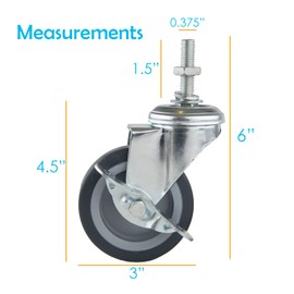 Houseables Caster Wheels, Casters, Set of 4, 3 Inch, Rubber, Heavy Duty, Threaded Stem Mount Industrial Castors, Locking Metal Swivel Wheel, Replacement For Carts, Furniture, Dolly, Workbench, Trolley