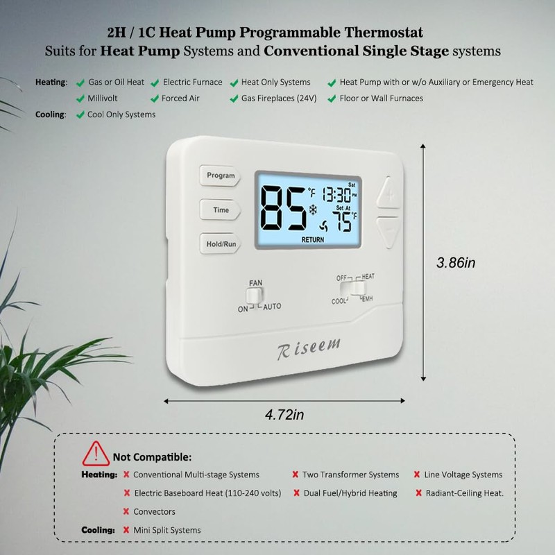 Thermostat for Heat Pump,Programmable Thermostat for House,Single-Stage Systems,2 Heat/1 Cool