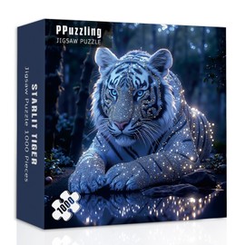 White Tiger Puzzles for Adults 1000 Pieces, Glowing Blue Forest Scene Jigsaw Puzzles, Fantasy Wildlife Animal Puzzle