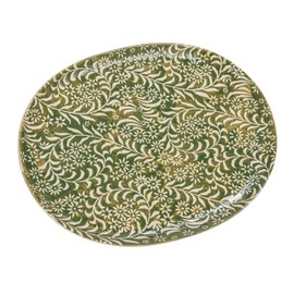 Creative Co-Op Stoneware Platter with Wax Relief Botanicals, Green
