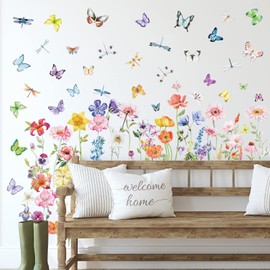 Zonon 6 Pieces Flowers Wall Decals Vinyl Dragonflies Flowers Wall Stickers Removable Floral Wall Murals Peel and Stick Colorful Flower Wall Decor for Bedroom Living Room Nursery(Modern)