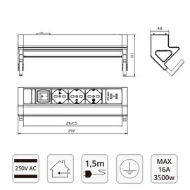 Elbe Inno Multipresa da scrivania 3 Posti da tavolo 2 USB, Presa Multipla Con interruttore, protezione da sovratensione, metal, cavo da 1.5 Con supporti Adatto per uffici, officine e cucine