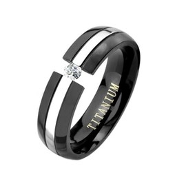 Paula & Fritz® Ladies Black Silver Cubic Zirconia Clear Titanium Grade 2 Ring Size N to Z 6mm Wide Partner Engagement Ring Tension Ring, Titanium Titanium Zirconia, Cubic Zirconia