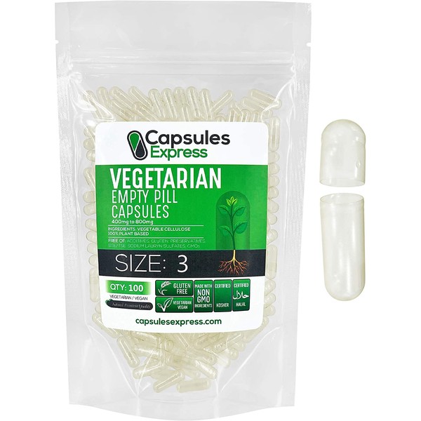 Capsules Express- Size 3 Clear Empty Vegan Capsules 100 Count - Kosher and Halal - Vegetarian/Vegetable Pill Capsule - DIY Powder Filling