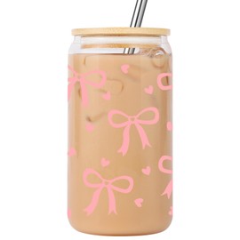 Lovearth Coquette Aesthetic Glass Cup, Pink Bow, Glass Tumbler with Lid & Straw, 16oz Iced Coffee Cup, Cute Christmas, Birthday Gifts for Women, Teen Girls, Girlfriends, Friends, Coworkers, Her