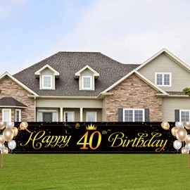 Mocossmy Happy 40th Birthday Yard Banner,9.8x1.6 Ft Large Black Gold Happy Birthday Yard Sign Porch Photography Background Backdrop for Women Men Gifts Home Outdoor Birthday Party Supplies Decoration