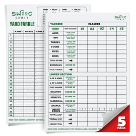 Swooc Games® - 5 Big Premium Laminated Yardzee & Farkle Score Cards (11.5in x 8in) w/Rules - Large Reusable Dry Erase Pads for Giant Outdoor Dice Games - Jumbo Score Sheet for Yardzee and Farkle