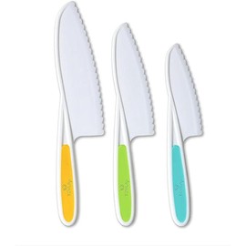 Kids Knife 3-Piece Kitchen Cooking and Baking Knife Set: Montessori Kids Knife in 3 Sizes and Colors/Firm Grip Handles, Serrated Blades, BPA Free Kids Toddler Knife (Assorted Colors) forkstrap - Color: Multi-Green