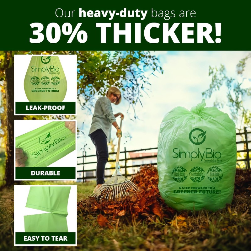 Simply Bio 30-33 Gallon Compostable Trash Bags Liners Flat-Top, Heavy