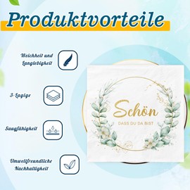 Serviettes Schön Dass Du Da Bist Pack of 40 3-Ply Green Eucalyptus Napkins Wedding Birthday Christening Birthday Decoration Napkins Sage Green with Saying Communion Confirmation Table Decoration 33 x