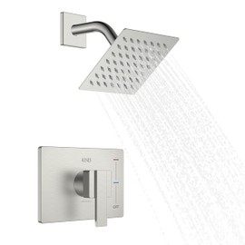 KENES Brushed Nickel 6-Inch Shower Head and Handle Set, Square Shower Faucet Set Bathroom Rainfall Shower System Wall Mount, KE-6025B (Shower Valve Included)