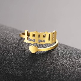 SKQIR Anillo abierto de año para mujer, anillo de año de nacimiento ajustable, anillo de compromiso de boda, anillo de acero inoxidable dorado y plateado para niña, delicado regalo de joyería, Metal