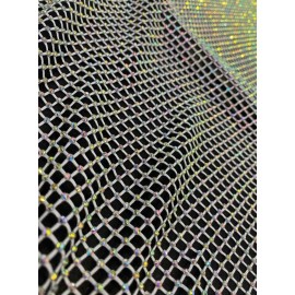 luv Rhinestone on black Mesh Shiny Stretch Crystal Fabric Rainbow Rhinestone Stretch